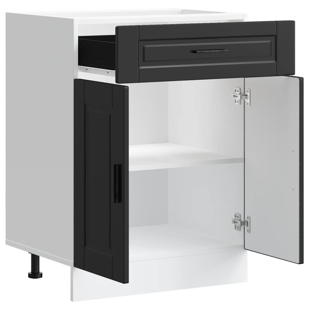 Porto - Mobiletto da cucina in legno nero con vano portaoggetti, piedini regolabili e cassetto, 60 x 46 x 81,5 cm, ideale per cucina, sala da pranzo, ripostiglio e stoccaggio