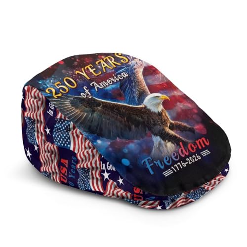 AQYAPTOIY 250 Years of America Newsboy Cap for Men Bald Eagle Print Flat Hat USA 250th Anniversary Hat Lightweight Adjustable Newsboy Hat