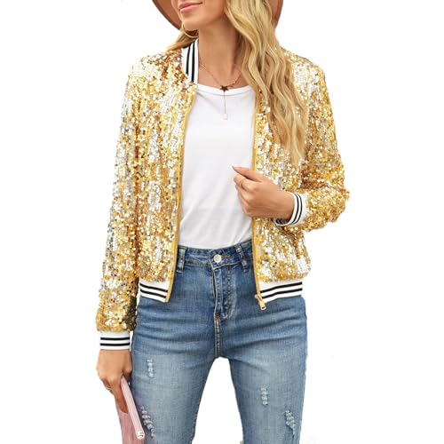 ACEFAST INC Women's Shiny Sparkle Sequins Long Sleeve Zip Blazer Halloween Party Bomber Jacket