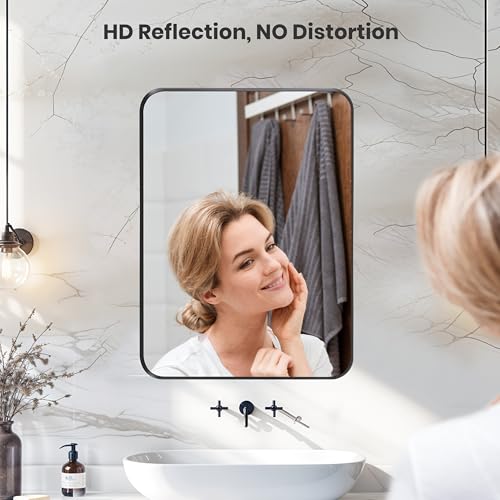 Image of Simple Deluxe Bathroom Mirrors, Black Metal Framed Bedroom Mirror, 22 inch x 30 inch Rounded Rectangle Mirror, Anti-Rust Modern Decorative for Restroom, Farmhouse, Horizontally or Vertically Hanging