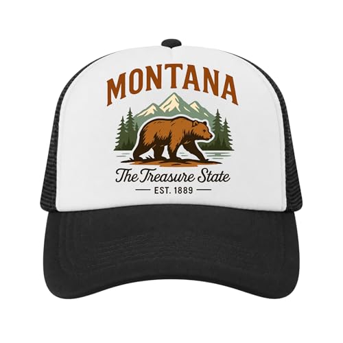 EnjoyMyDesign Montana Kids Trucker Hat, Treasure State Bear Hat for Boys Girls Ages 3-8, Toddler Baseball Cap White and Black