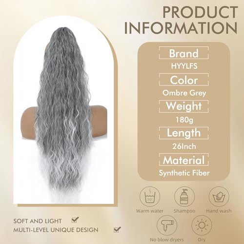 Image of Claw Clip Ponytail Extension 26In Long Wavy Curly Hair,Ombre Grey