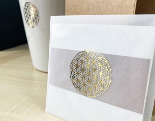 PROlac – Blume des Lebens Sticker – 500 Stück auf Rolle – Etiketten Selbstklebend perfekt zum Dekorieren – 50x50mm Blume des Lebens Aufkleber mit glänzender Metallfolie - (Transparent/Gold)