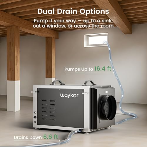 Image of Waykar 158 Pints Crawl Space Dehumidifier with Remote Control and Pump, Dual Duct HVAC Commercial Whole-House Dehumidifier for Basement, Industry Water Damage Unit - 5-Year Quality Coverage