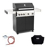 Gas-Grill mit hochwertigem Grillrost aus Gusseisen und Flaschenhalter für Gasflaschen von 5-11kg (Ø 32cm) im praktischen Set mit Gasdruckregler und Abdeckhaube
