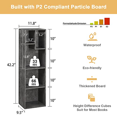 Vecelo 4-Tier Bookcase, Modern Storage Cabinet With Height Difference Shelves For Standard Textbooks, 5 Cubes, Vertical Or Horizontal, Easy Assembly, Grey #TOP2
