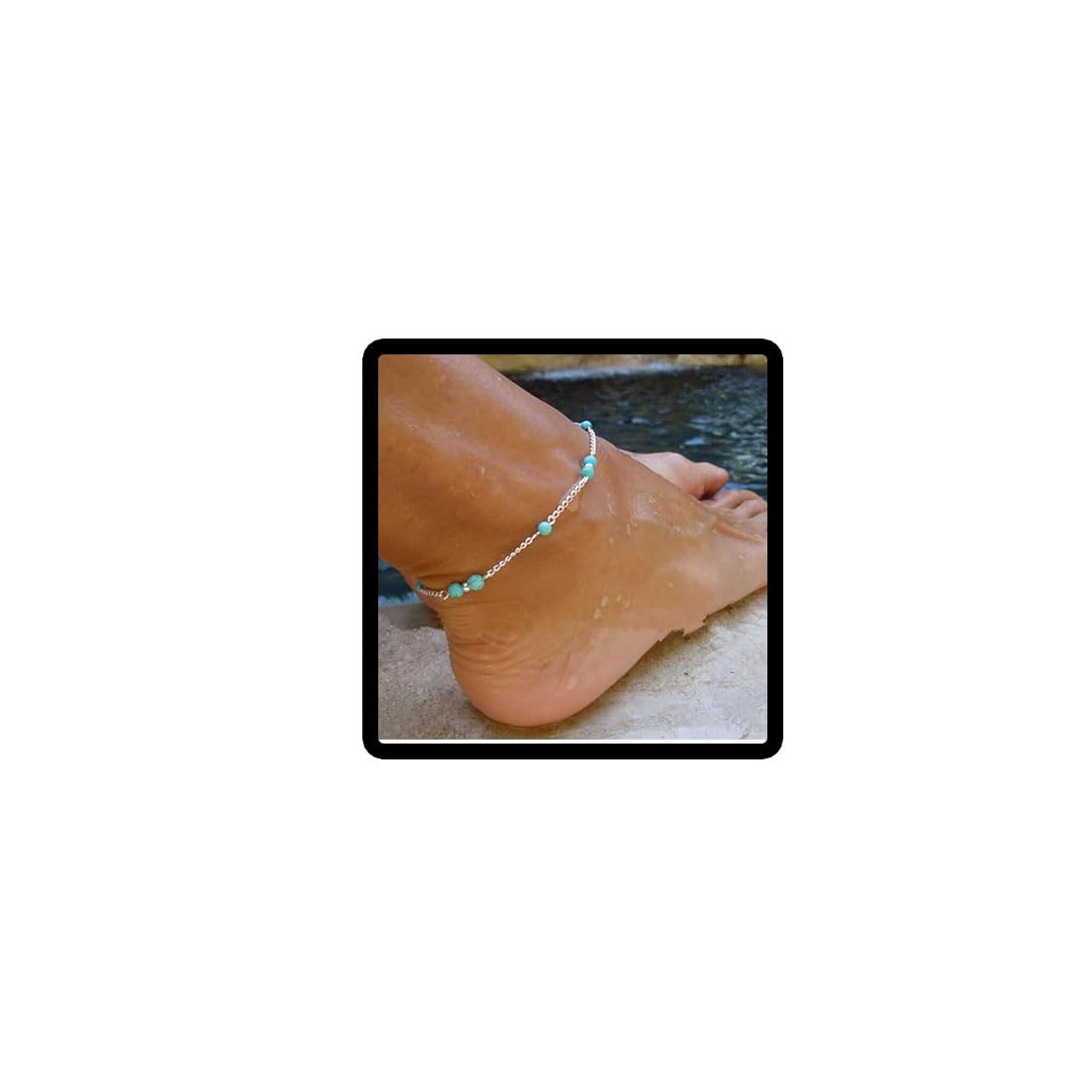 WedityBoho Turquoise Anklets Silver Beaded Anklet Bracelets Beach Accessories Foot Jewelry Adjustable for Women and Girls