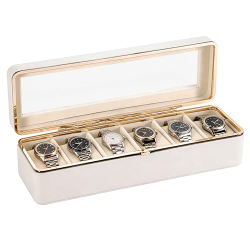 SUNNYNEST Watch Box 6 Slots Watch Case with Glass Lid Watch Display Storage Box for Men and Women Removable Watch Pillows Metal Clasp Synthetic Leather Velvet Lining Watch Box (White)