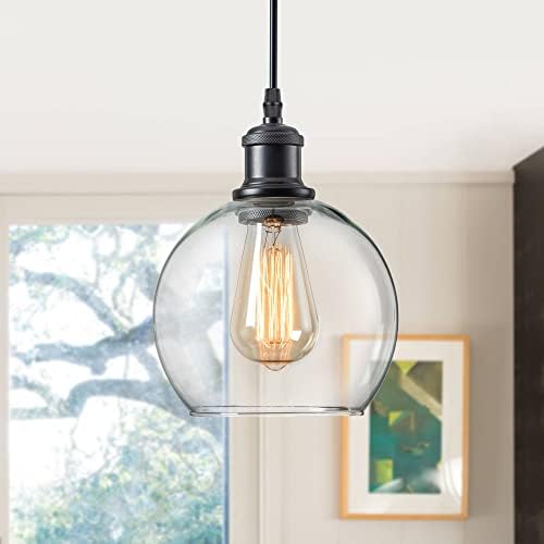QIBANG Glass Globe Pendant Light Fixtures, Farmhouse Kitchen Pendant Lights with Handblown Clear Glass Shade,Adjustable Cord Industrial Mini Pendant Light for Kitchen Island Foyer Entryway,Black 6.8"