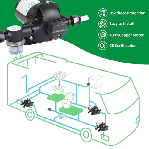 Image of 3 GPM RV Water Pump, 12V DC Diaphragm Pump with Automatic Pressure Switch 40-80PSI Adjustable, 3-Chamber, 1 /2'' MNPT Port, for RV Yacht Food Truck Camper Marine,1 Pump + 1 Strainer,