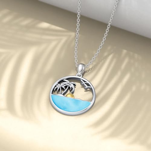 Palm Tree Necklace for Women Sterling Silver Ocean Wave Pendant Necklaces Natural Larimar Gemstone Pendants Jewelry Gift for Mom Wife Girlfriend4