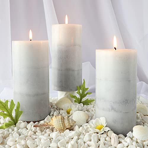 CRYSTAL CLUB White Pillar Candles, Aromatherapy Scented Candles, Set of 3 Tall 3x6 Inch Rustic Grey Candles, Clean Burning and Dripless Candle Lights, Creamy Coconut Scented for Home Décor