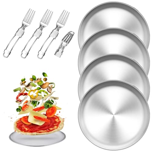 Pizzablech Set - 4 Stück Silber Edelstahl Rundes Pizzaform, Durchmesser 26 cm Pizza Backblech mit 4 Klappgabel aus Edelstahl für Backen im Ofen, Servieren, Spülmaschinenfest & Leicht zu Reinigen