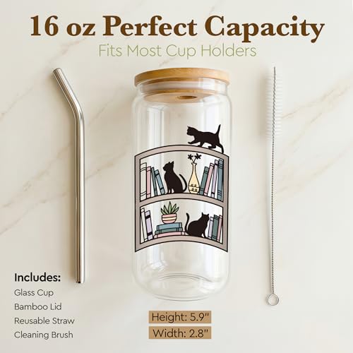 Jolunyx Cat Lover Book Glass Cup, 16 oz Coffee Glass Cup with Lid and Straw, Cute Cat and Books Tumbler, Book Lover Gift for Women Readers, Cozy Reading Aesthetic Cups, Includes Cleaning Brush
