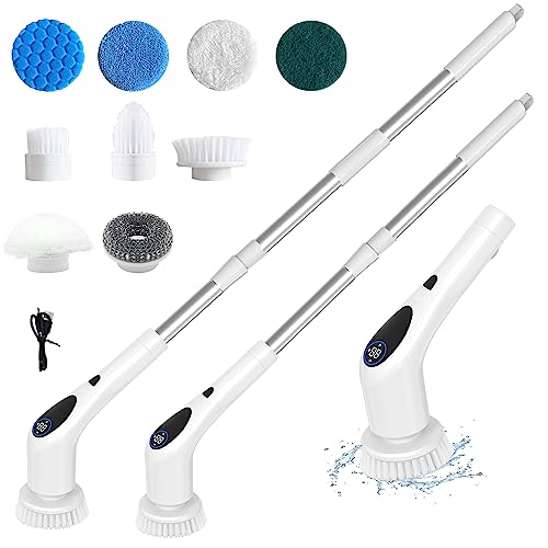 Image of Electric Cleaning Brush, Electric Shoe Brush, Shower Scrubber, Working time of 90 Minutes, Three Speed Torque Adjustment, with Extended Handle, Equipped with 9 Brush Heads, LED Display Screen