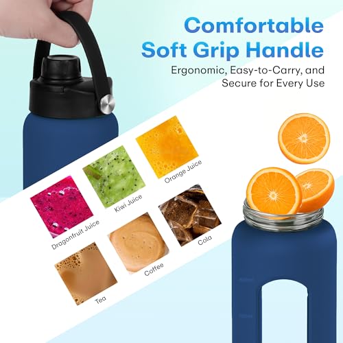 Image of Rioware1 Litre Motivational Borosilicate Glass Sipper with Silicone Sleeve, Time Markings, Airtight,Leak-Proof BPA-Free Eco-Friendly, Reusable Bottle For Fridge, Gym, Travel, Office & Home (BLUE)