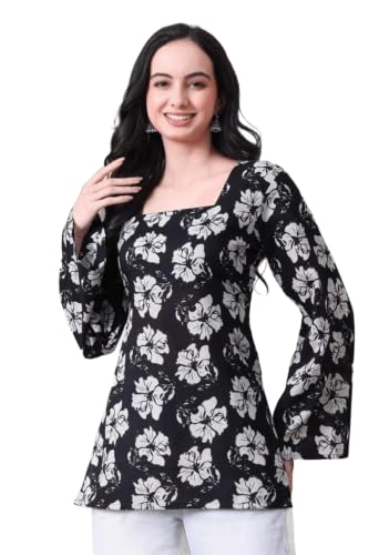 Image of Women Pure Cotton Floral Printed Short Kurti | Square Neck | Full Sleeves | Stylish Ethnic Kurta | Back Tie-Up | Casual Wear Kurta