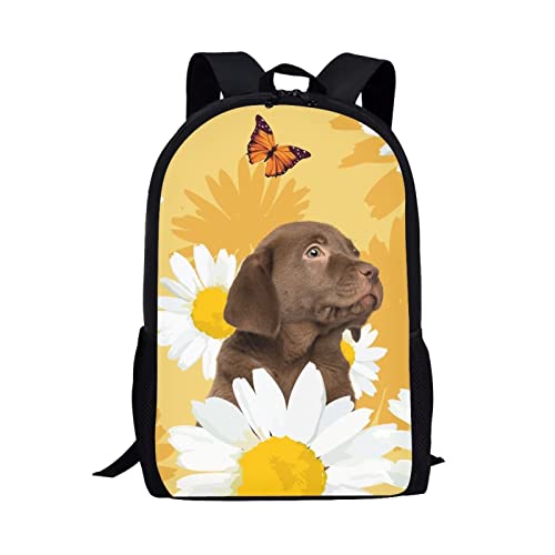 Floral Labrador Puppy Dog Print Backpack for Girls Boys Lightweight Large Capacity School Bookbag Kids Elementary Student Relaxed Padded Comfy Durable Daypack 17 Inch