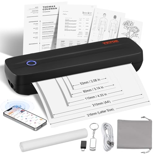 VEVOR Portable Printer - 2600mAh Battery, 203 DPI, Bluetooth Inkless Mobile Printer for A4, A5 & 8.5
