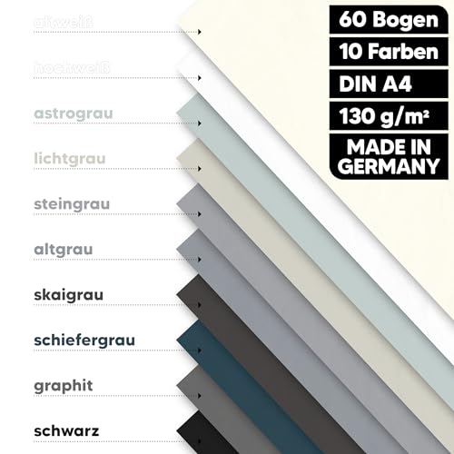 MarpaJansen Tonzeichenpapier Grau DIN A4 zum Basteln & Gestalten | 60 Bogen in 10 Farben, 130 g/qm² stabiles Papier | Blauer Engel zertifiziert, ideal für Karten & DIY Projekte