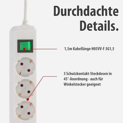 Brennenstuhl Eco-Line, Steckdosenleiste 3-Fach (Mehrfachsteckdose mit erhöhtem Berührungsschutz, Schalter und 1,5m Kabel) weiß
