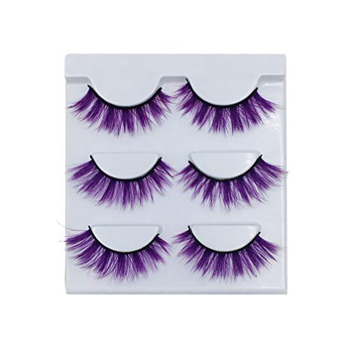 Lurrose Halloween False Eyelashes, 3 Pairs Long Thick Colorful Eyelashes, 3D Fake Eyelashes, Reusable Exaggerated Eyelash for Party Festival (Purple)