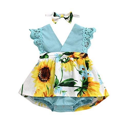 Little Story Newborn Baby Romper,Infant Baby Girls Sleeveless Sunflower Print Lace Romper Bodysuit Dress+Headband3-6 Months Girls Romper&Jumpsuit Baby Clothing for Easter