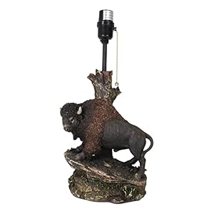 Ebros Gift Country Western Wild Bison Buffalo Cattle Roaming Grassland Sloped Rocks by Tree Stump Desktop Table Lamp Figurine with Shade Rustic Wildlife Bisons Bulls Home Lighting Accent