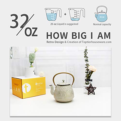 Cast Iron Tea Kettle, TOPTIER Japanese Cast Iron Tea Kettle with Infuser, Cast Iron Teapot Stovetop Safe, Leaf Design Tea Kettle Coated with Enameled Interior for 32 Ounce (950 ml), Warm Beige - Thumbnail 6