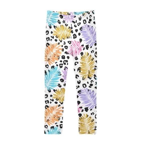 Colorful Palm Leaf Leopard Girls Leggings Ultra Soft Compression Yoga Gym Pants for Kids 4-10T