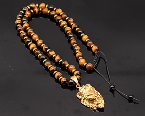 Men's Zirconia Lion Pendant Necklace Men's Natural Tiger Eye Beaded Protection Healing Gemstone Gift For Him Unisex Christmas Gift #TOP4
