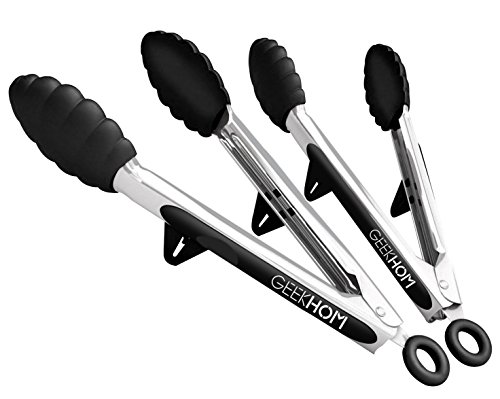 GEEKHOM Kitchen Tongs for Cooking with Silicone Tips and Locking Head, Non-Slip Non-Stick Heavy Duty Tongs for BBQ Grilling Barbecue Salad (9+12 Inch, Black)