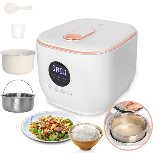 Small Low Carb Rice Cooker, 3L Mini Low Sugar Rice Cooker, with Steamer Basket 5 Cooking Functions Smart Starch Removing 8-Hr Keep Warm for Porridge,Soup,Quick Rice,White Rice (White)