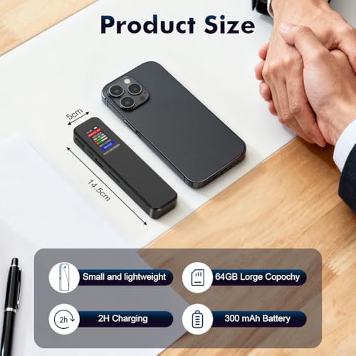 Ainiv 64GB Digitales Diktiergerät, Tragbares Aufnahmegerät mit HD-Audio, Wiedergabe mit DSP-Rauschunterdrückung und One-Touch-Aufnahme für Unterricht, Meetings, Interviews, Vorlesungen（Schwarz）