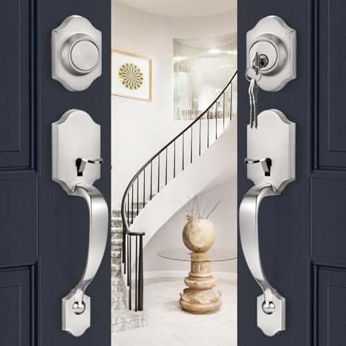 Image of Goldenwarm Double Front Door Lock Set, Brushed Nickel Double Door Handle with Dummy, Double Front Door Hardware Set with Reversible Wave Handle Lever, Double Entry Door Lock Set