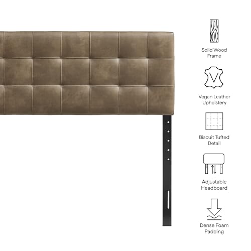 Image of Modway Lily Vegan Leather Full Size Headboard with Biscuit Tufting in Mushroom - Vegan Leather Upholstery with Padded Design and 5 Height-Adjustable Mounts