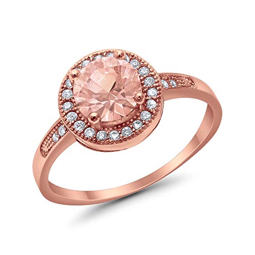 Blue Apple Co. Morganite CZ Rose Tone Size-5 Art Deco Round Halo Promise Ring Vintage Style Wedding Engagement Band Classic Statement Rings for Women