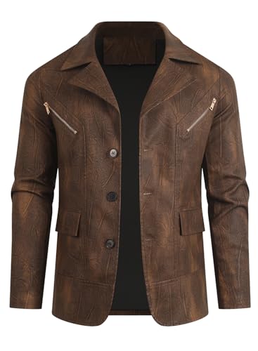 HOOD CREW Mens Casual Leather Blazer Vintage Lightweight Coat Button Closure Style Faux Leather Jackets for Men2