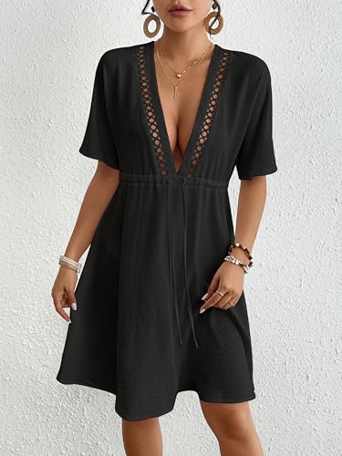 Eddoyee Wome's Swimsuit Coverup V Neck Hollow Out Beach Bathing Suit Flowy Swim Coverup Mini Dress2