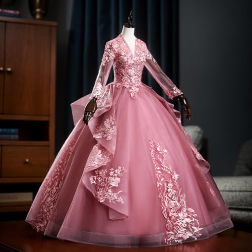 Long Sleeve Quinceanera Dresses Layered Lace Appliques Ball Gowns for Women V-Neck Beaded Sweet 16 Dresses2