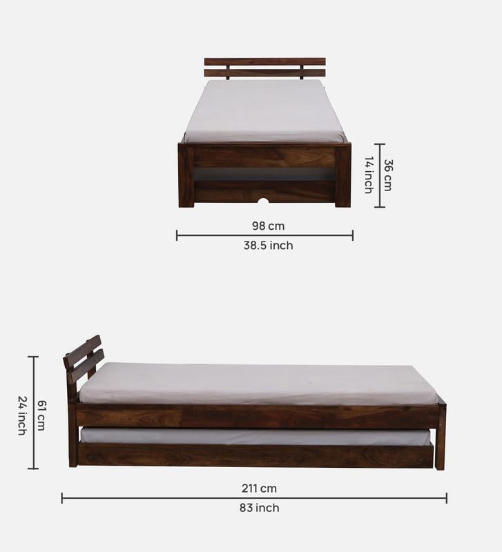 Image of Solid Sheesham Wood Admire Single Size Trundle Bed with 1 Extra Pullout Bed | Wooden Single Bed Cot Palang Furniture for Bedroom Living Room Home and Hotel (Provincial Teak Finish)