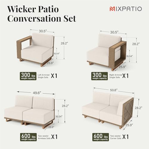 Image of MIXPATIO 6 Pieces Patio Furniture Set, Outdoor Sectional Conversation Sets with 10 inch Thick Cushions, L Shaped Deep Seating Yellow Wicker Rattan Modular Sofa Couch, Low Profile Deck Lawn Furniture