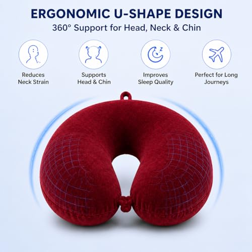 Image of Restify Premium Memory Foam Travel Neck Pillow with Eye Mask | Soft Velvet U Shape Neck Support Cushion for Flight, Airplane, Car & Office Travel | Portable Pillow for Men & Women | Maroon