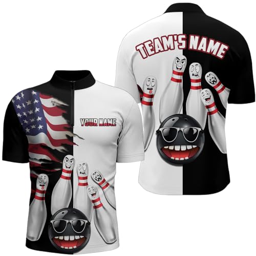 Generic Personalized US Flag Bowling Shirt Funny Black & White Bowling Jersey Men Women Performance Bowling Shirt (Polyester, Men Quarter-Zip)