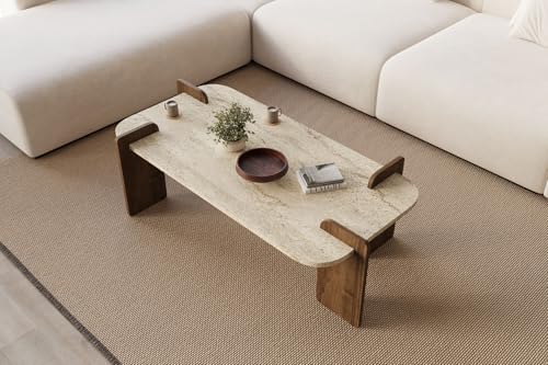 Modern Coffee Table, 120 cm x 60 cm x 35 cm, Travertine & Walnut | 100% Melamine Coated Chipboard | Stylish & Functional Design for Any Living Space