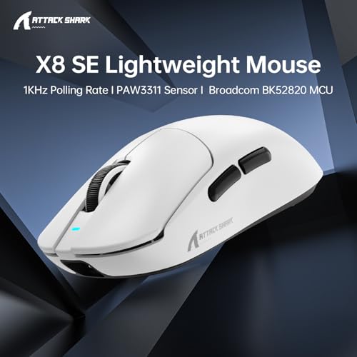 ATTACK SHARK X8SE Mouse for Large Hand, 55g Superlight, PixArt PAW3311 Gaming Sensor, BT/2.4G Wireless/Wired, Adjustable DPI up to 25000, 500mAh Battery (White) 6