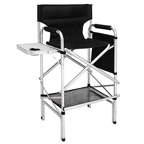 Omysalon 2 Pcs 31" Tall Upgraded Directors Makeup Artist Chair Bar Height,Olding Portable With Side Table Storage Bag Black,Aluminum Frame Supports 300 Lbs,33.8" L X 19.2" W X 45.6" H #TOP1