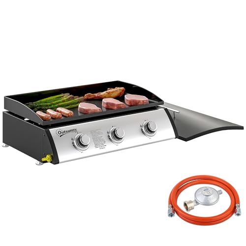 Outsunny Barbecue a Gas in Acciaio, Piastra a Gas Smaltato a 3 Bruciatori Potenza 7.5kW, Griglia Barbecue Portatile con Zone di Cottura 61x35.5cm, Regolatore, Tubo e Coperchio, Nero