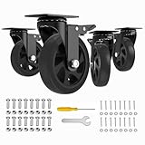 5 Inch Caster Wheels,Set of 4 Heavy Duty,Black Industrial Casters with Brake, Locking Casters for Furniture and Workbench for Cart,Top Plate Swivel Wheels and Load 2400lbs （Two Hardware Kits Include