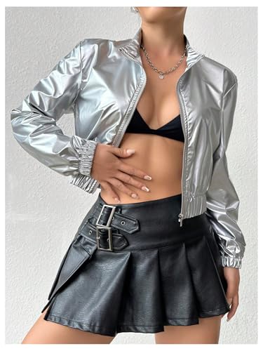 OYOANGLE Women's Metallic Zip Up Crop Jacket Long Sleeve Mock Neck Bomber Jackets Outerwear4